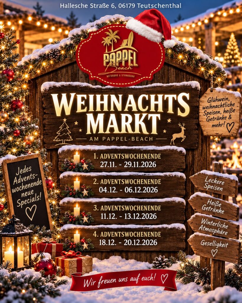 Weihnachtsmarkt am Pappel-Beach an allen vier Adventswochenenden 2026